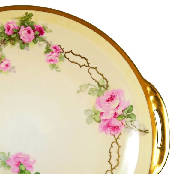 Royal Rudolstadt Prussia 11" Hand-Painted Rose, Handled Serving Plate, Gold Trim - Picture 3 of 5